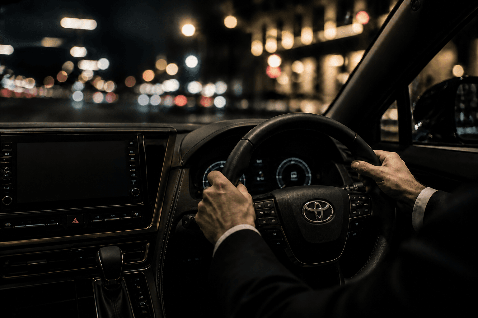 Professional chauffeur driving at night
